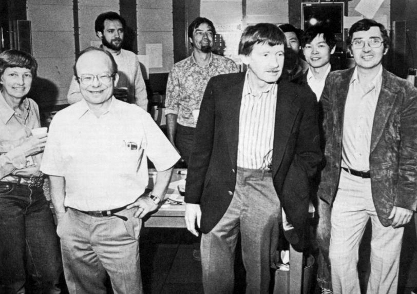 Celebration of first beam stored in PEP, 1980. Rees flanked by Panofsky and Paterson