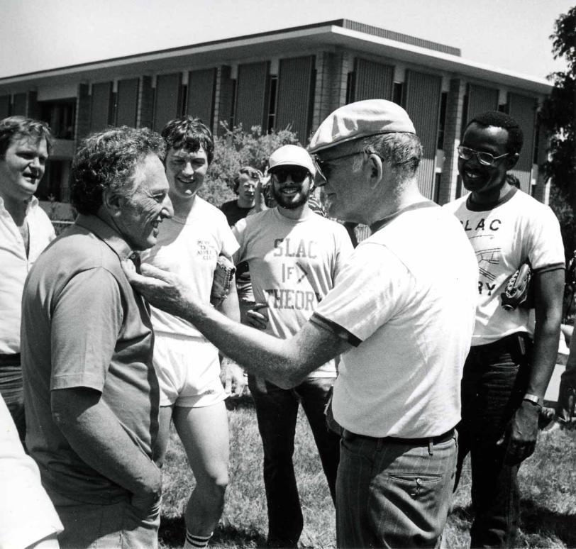 Joe Ballam and Sid Drell at SLAC Experiment vs. Theory Softball Game, June 16, 1984 